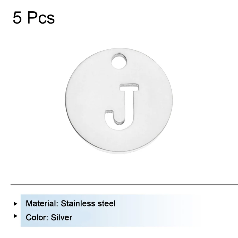 Alphabet Letter Charm Letter J 12mm(1/2") Round Capital Alphabet Charm Stainless Steel Silver Tone for Pendant, DIY Jewelry Making, Pack of 5