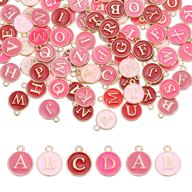 104 Pcs Letter Initial A-Z Round Letter Charm(Light Pink/Pink/Rose Red/Red)