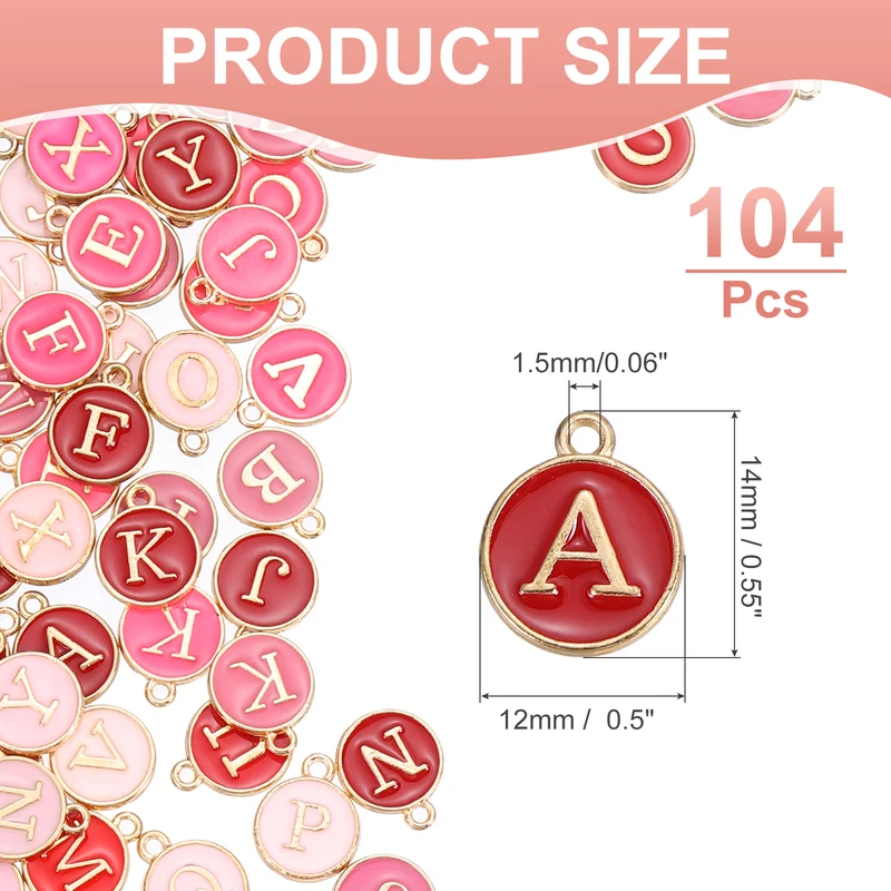 104 Pcs Letter Initial A-Z Round Letter Charm(Light Pink/Pink/Rose Red/Red)
