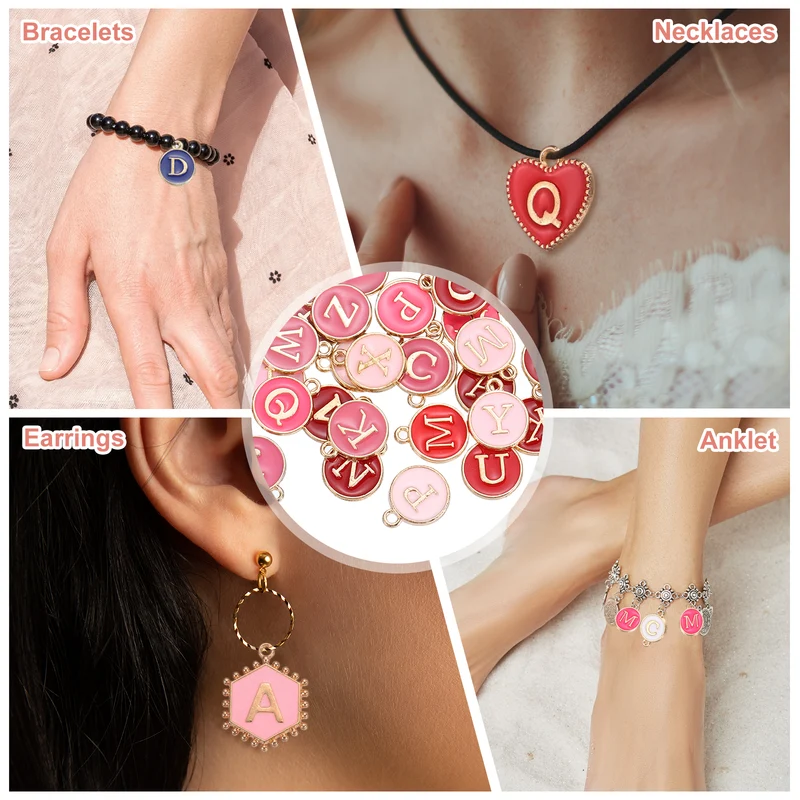 104 Pcs Letter Initial A-Z Round Letter Charm(Light Pink/Pink/Rose Red/Red)