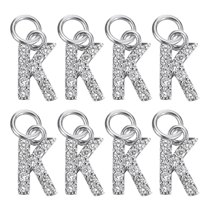 Rhinestone Letter Charm, 8pcs 3.2mm Copper K Letter Charm, White Gold