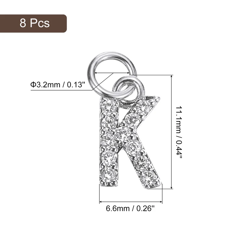 Rhinestone Letter Charm, 8pcs 3.2mm Copper K Letter Charm, White Gold