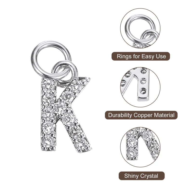 Rhinestone Letter Charm, 8pcs 3.2mm Copper K Letter Charm, White Gold