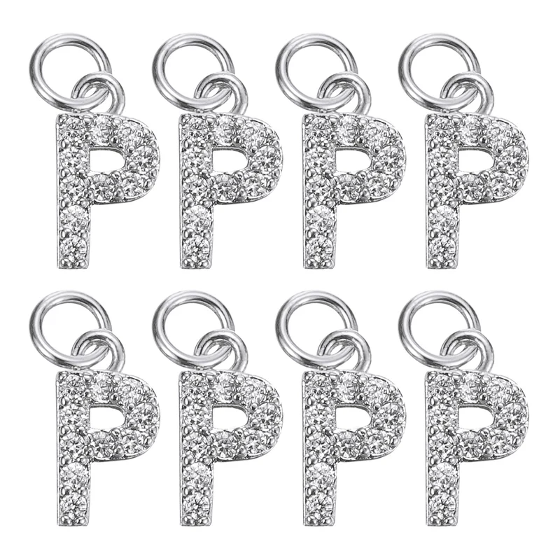 Rhinestone Letter Charm, 8pcs 3.2mm Copper P Letter Charm, White Gold