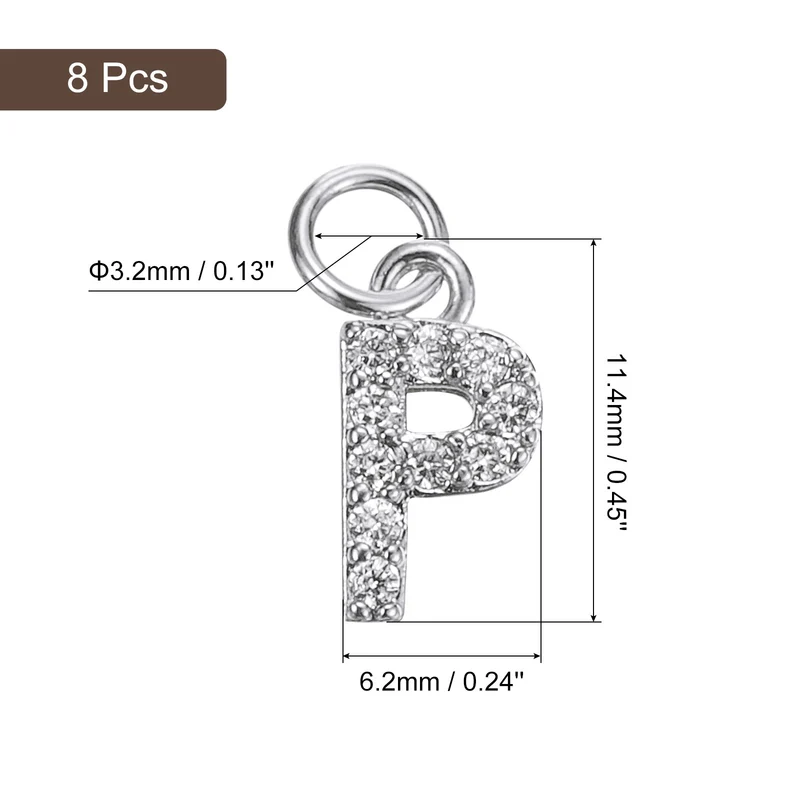 Rhinestone Letter Charm, 8pcs 3.2mm Copper P Letter Charm, White Gold