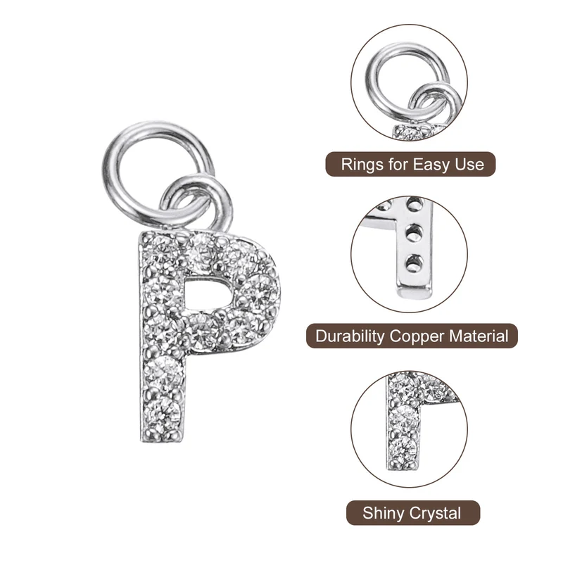 Rhinestone Letter Charm, 8pcs 3.2mm Copper P Letter Charm, White Gold