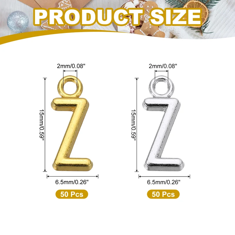 0.3" Letter Charm A-Z for Jewelry Making - Z (100 Pack, Dark Silver/Gold)