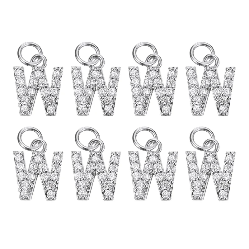 Rhinestone Letter Charm, 8pcs 3.2mm Copper W Letter Charm, White Gold