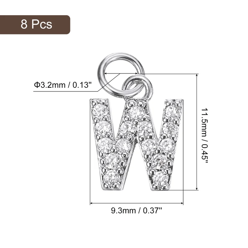 Rhinestone Letter Charm, 8pcs 3.2mm Copper W Letter Charm, White Gold