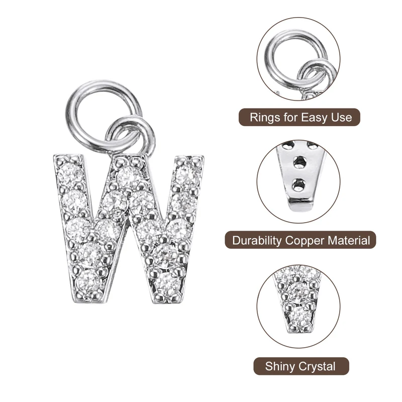 Rhinestone Letter Charm, 8pcs 3.2mm Copper W Letter Charm, White Gold