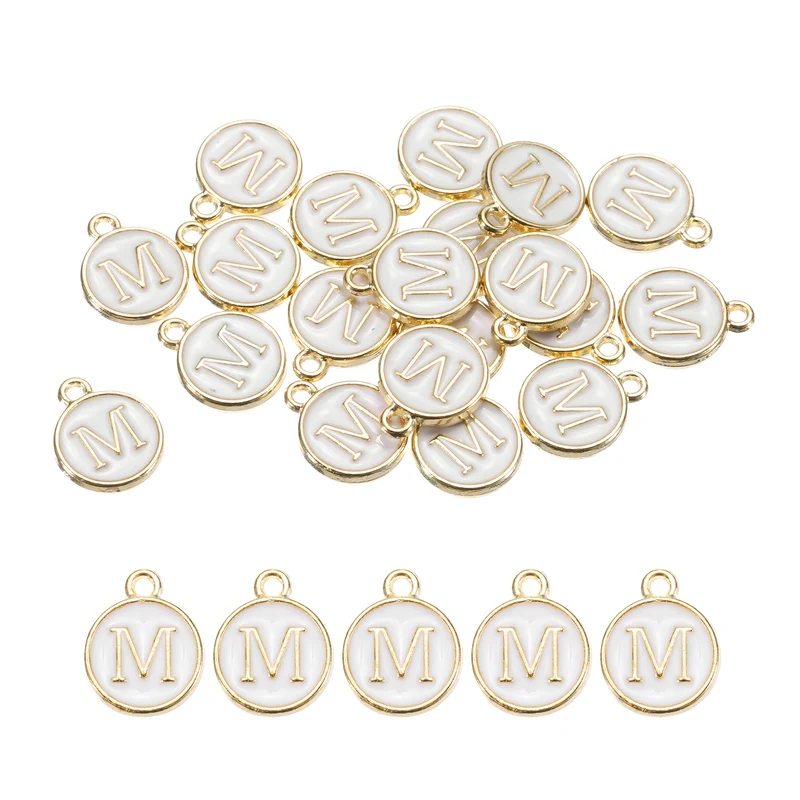 Alphabet M Letter Charm Double Sided Enamel Alphabet Pendant White 20 Pcs