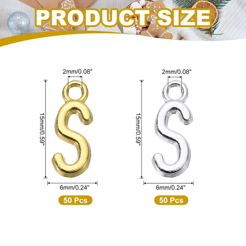 0.3" Letter Charm A-Z for Jewelry Making - S (100 Pack, Dark Silver/Gold)