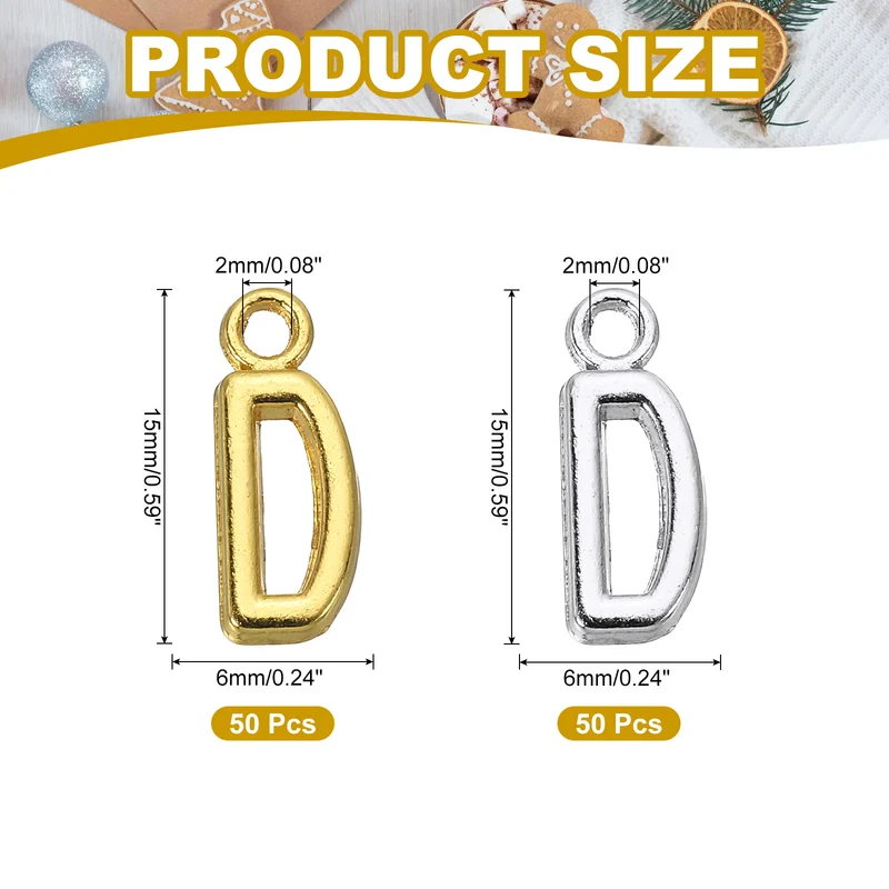 0.3" Letter Charm A-Z for Jewelry Making - D (100 Pack, Dark Silver/Gold)