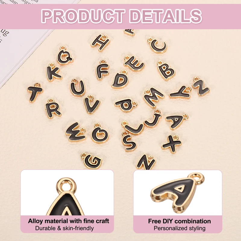 26 Pcs Letter Charms, Alloy Letter A-Z Initial Alphabet Charm for DIY Gold&Black