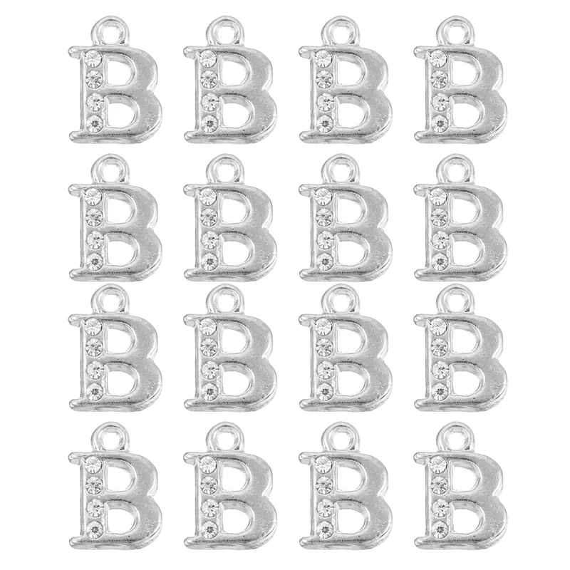 Rhinestone Letter Charm, 16pcs 1.5mm Metal B Letter Charm, Silver