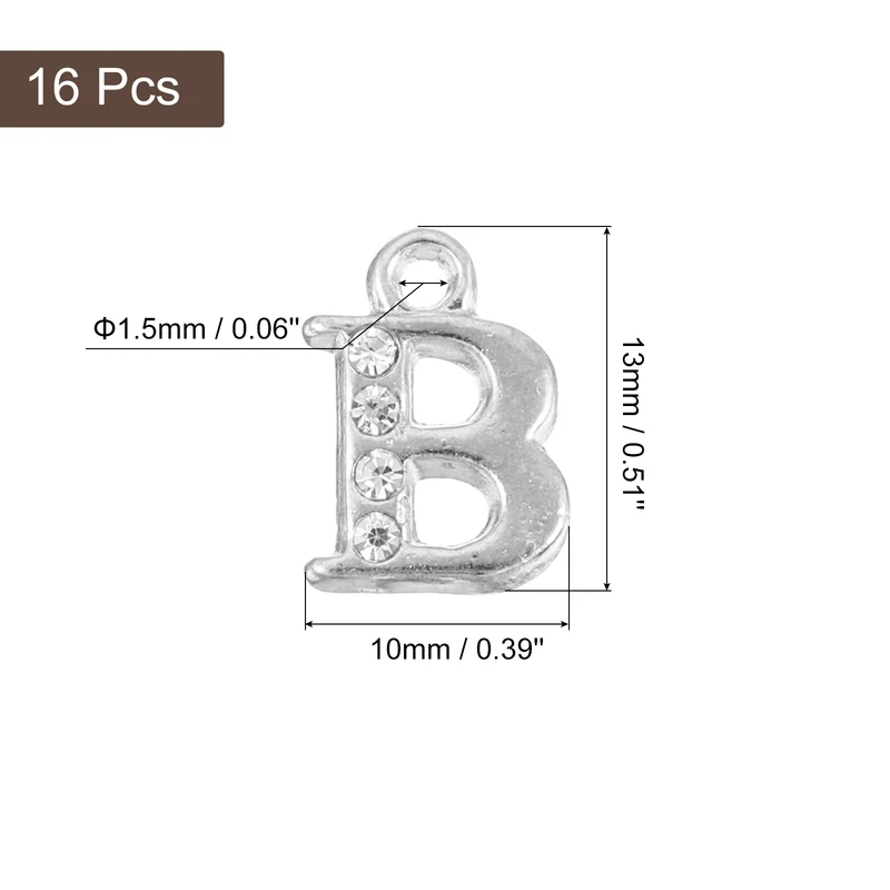 Rhinestone Letter Charm, 16pcs 1.5mm Metal B Letter Charm, Silver