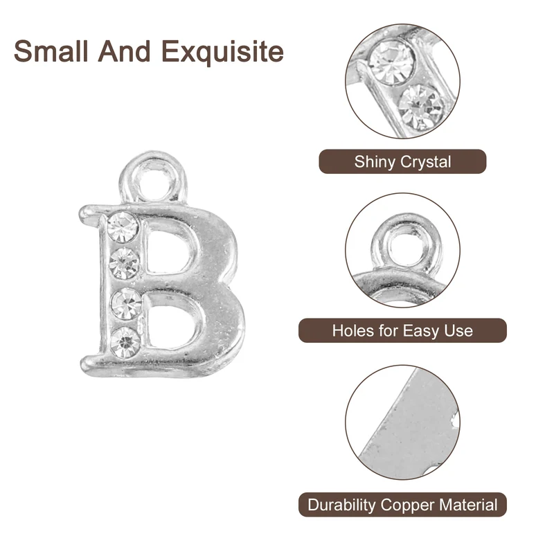 Rhinestone Letter Charm, 16pcs 1.5mm Metal B Letter Charm, Silver