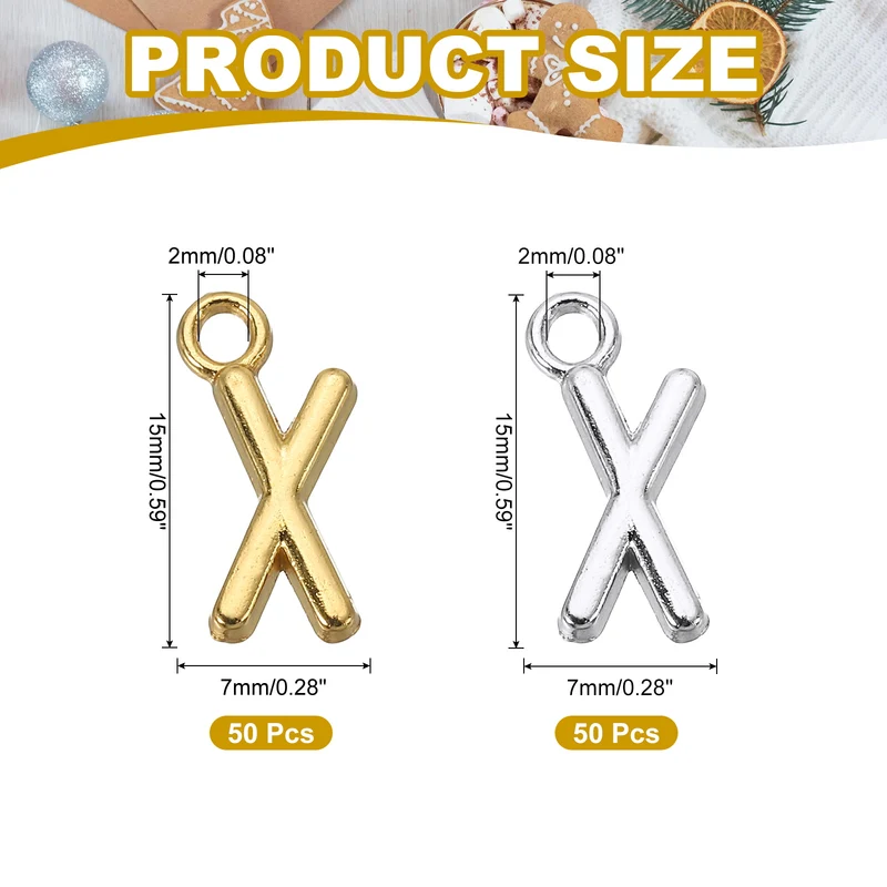 0.3" Letter Charm A-Z for Jewelry Making - X (100 Pack, Dark Silver/Gold)
