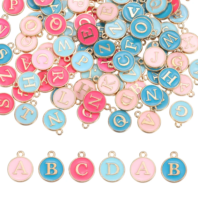 104 Pcs Letter Initial A-Z Round Letter Charm(Pink/Rose Red/Blue/Light Blue)