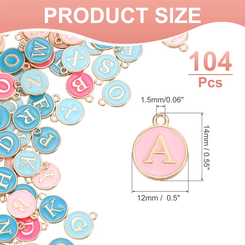 104 Pcs Letter Initial A-Z Round Letter Charm(Pink/Rose Red/Blue/Light Blue)
