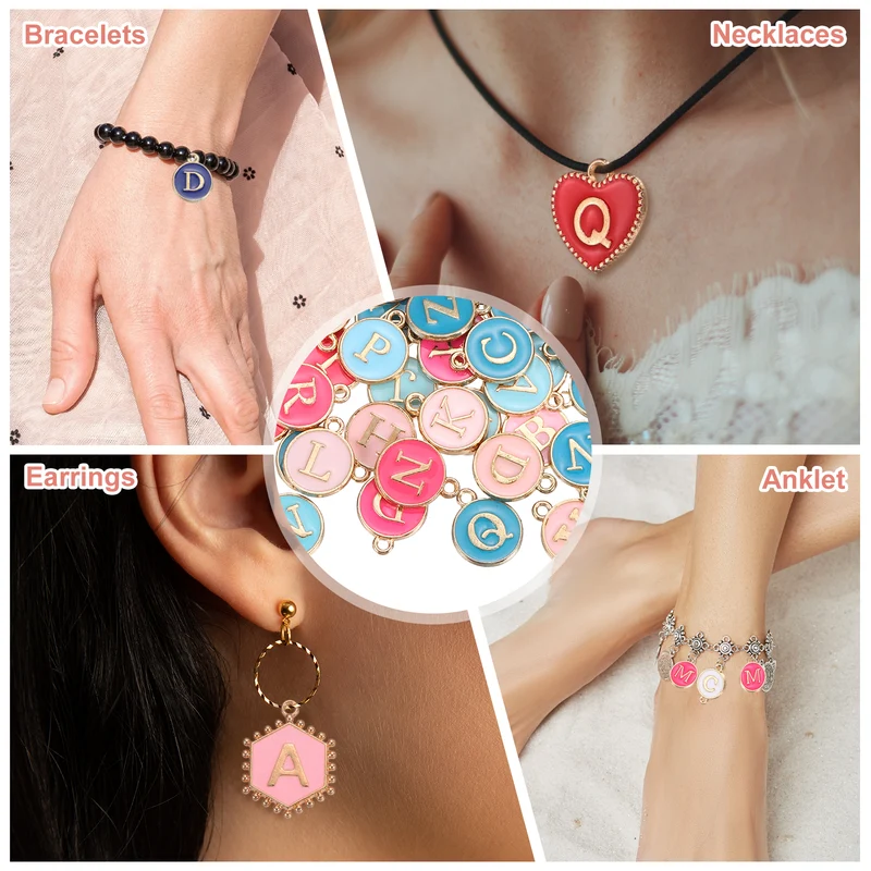 104 Pcs Letter Initial A-Z Round Letter Charm(Pink/Rose Red/Blue/Light Blue)