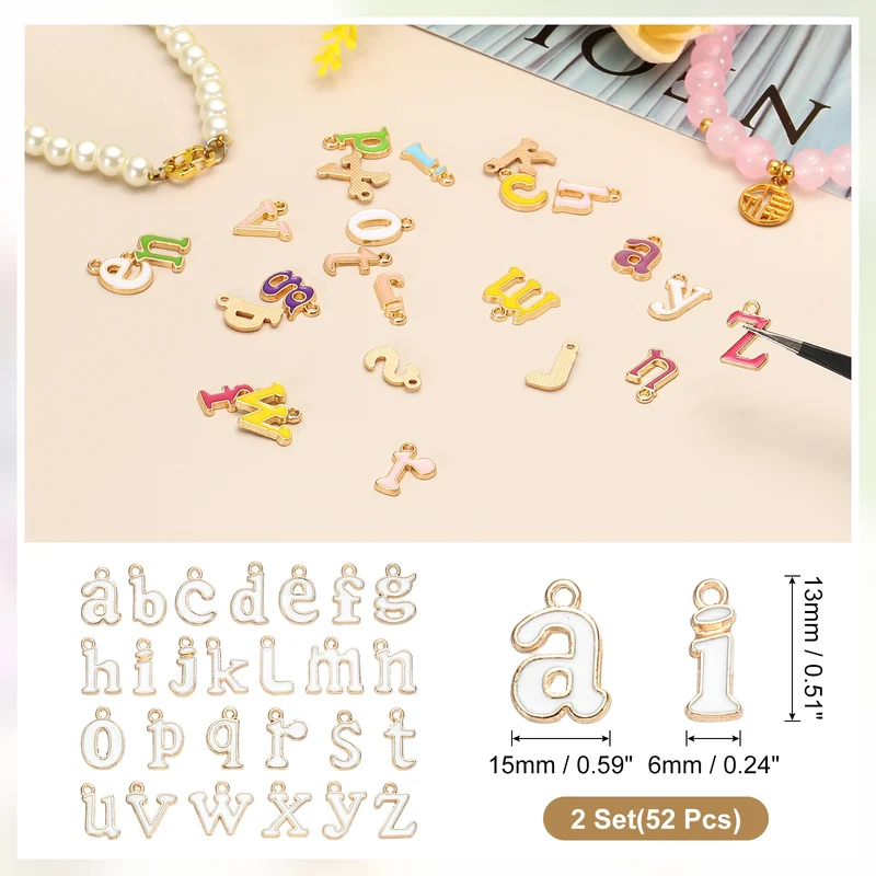52Pcs A-Z Alphabet Letters Charm, Enamel Letter Charm, White