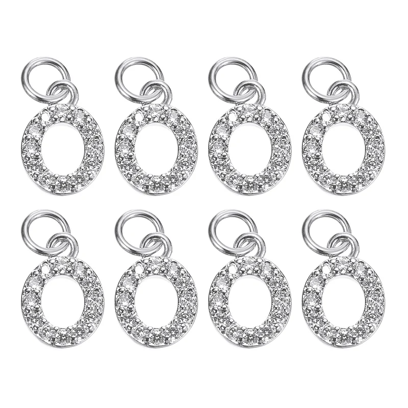 Rhinestone Letter Charm, 8pcs 3.2mm Copper O Letter Charm, White Gold
