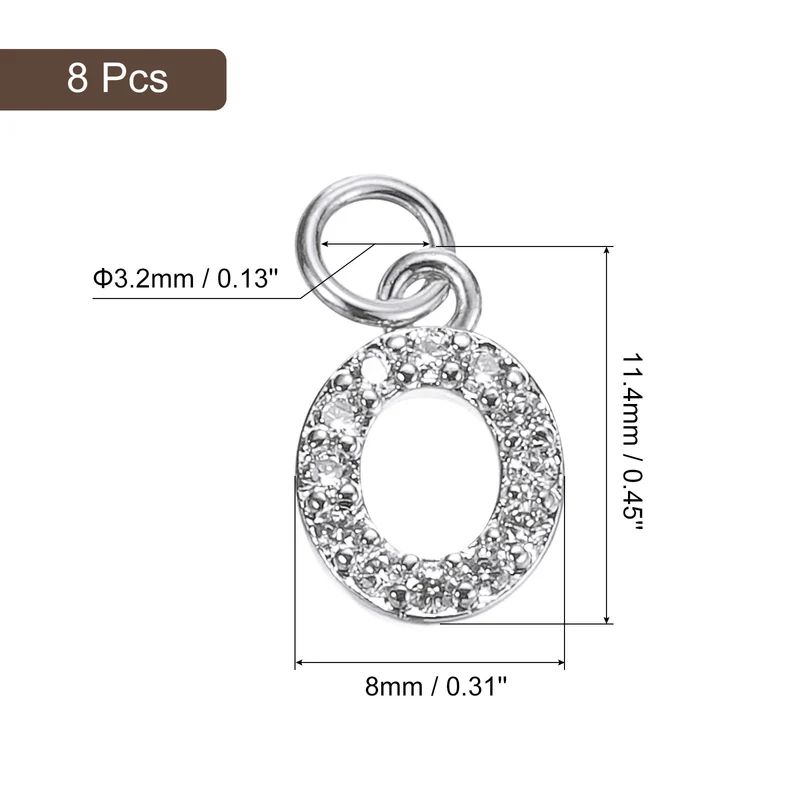 Rhinestone Letter Charm, 8pcs 3.2mm Copper O Letter Charm, White Gold
