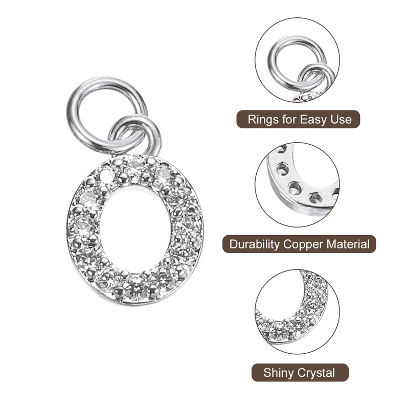 Rhinestone Letter Charm, 8pcs 3.2mm Copper O Letter Charm, White Gold