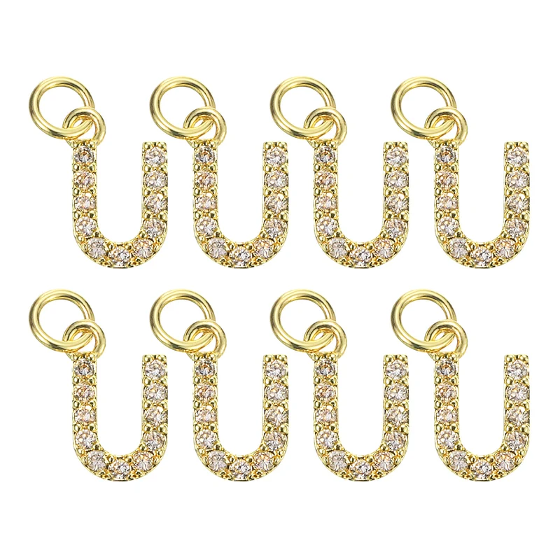 Rhinestone Letter Charm, 8pcs 3.2mm Copper U Letter Charm, Golden