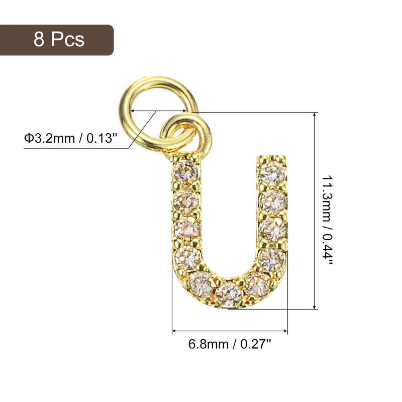 Rhinestone Letter Charm, 8pcs 3.2mm Copper U Letter Charm, Golden