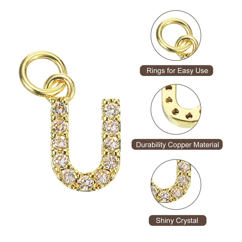 Rhinestone Letter Charm, 8pcs 3.2mm Copper U Letter Charm, Golden