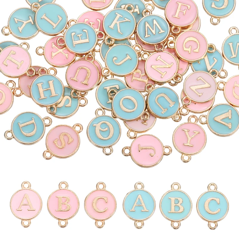 52 Pcs Letter Initial Charm A-Z Double Hanging Round Letter Charm(Blue, Pink)