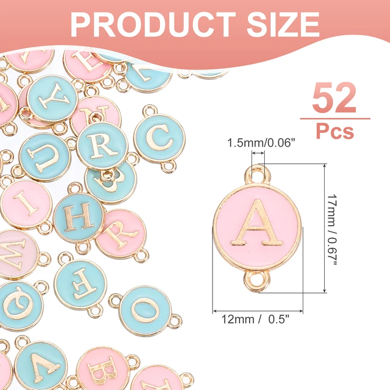 52 Pcs Letter Initial Charm A-Z Double Hanging Round Letter Charm(Blue, Pink)