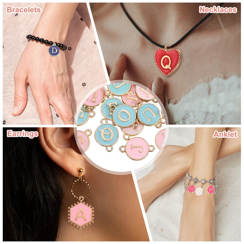 52 Pcs Letter Initial Charm A-Z Double Hanging Round Letter Charm(Blue, Pink)
