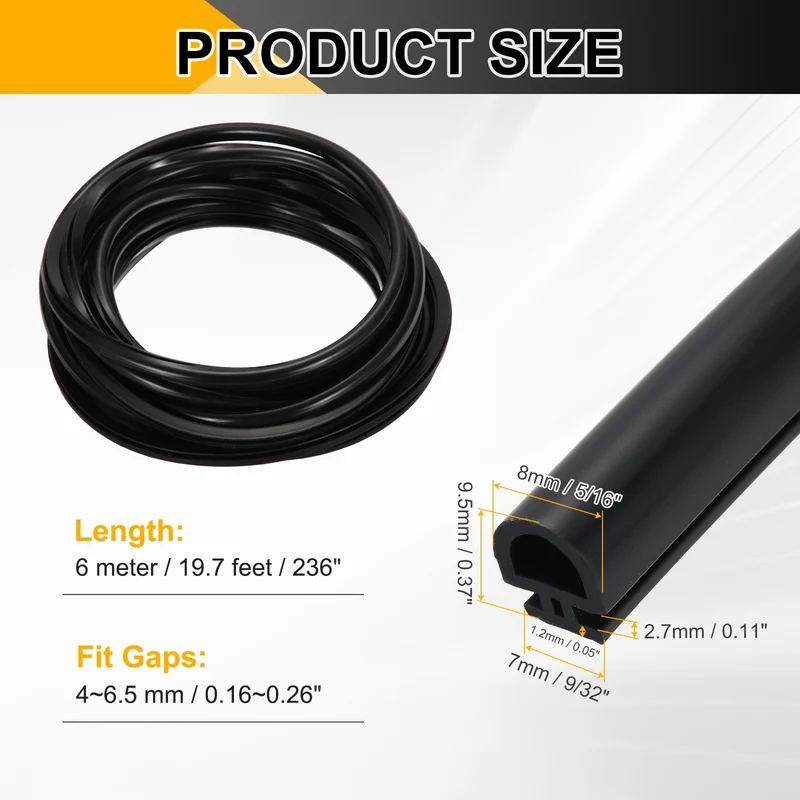 Weather Stripping Door Seal 5/16" Wide D-Shape Silicone 9/32" Slot 19.7Ft Black