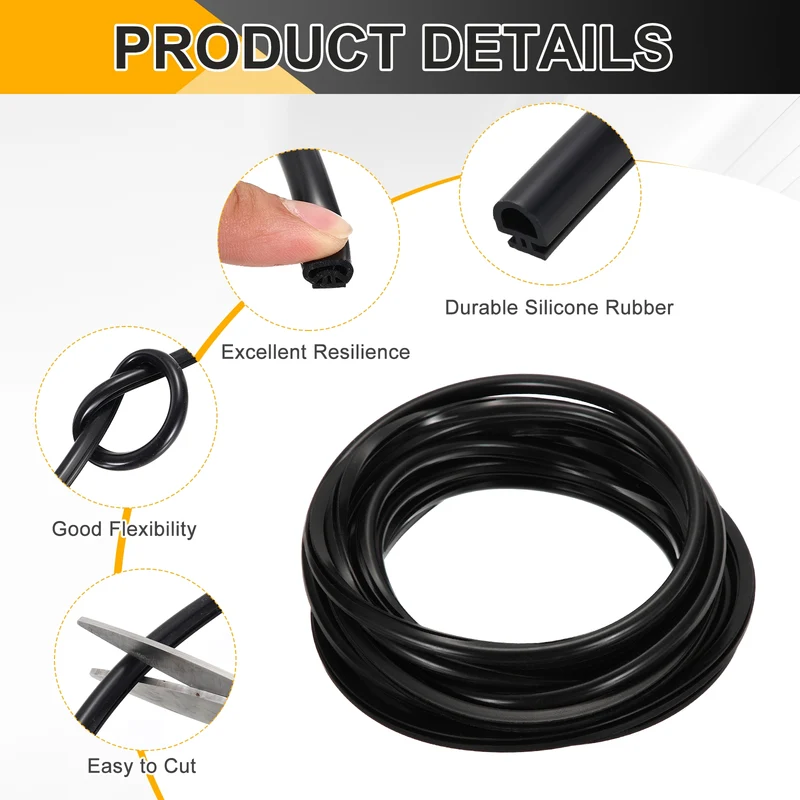 Weather Stripping Door Seal 5/16" Wide D-Shape Silicone 1/4" Slot 19.7Ft Black