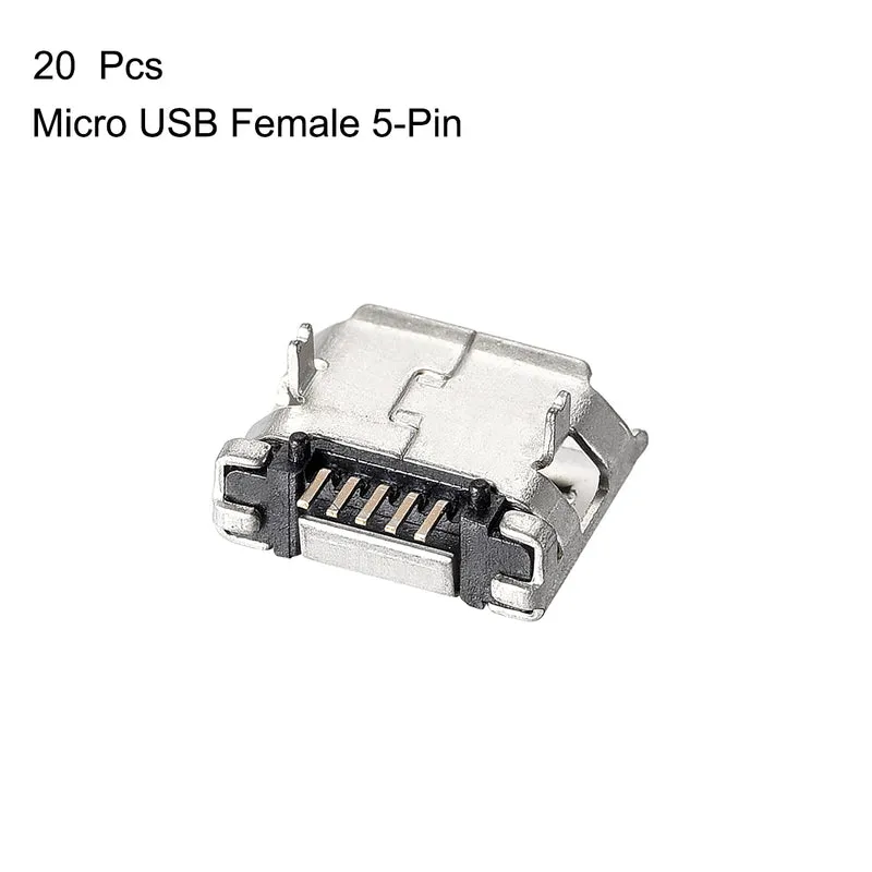 20 PCS Micro USB Female Socket Connector Jack Port, 5-Pin DIP 180 Degree Replacement Adapter