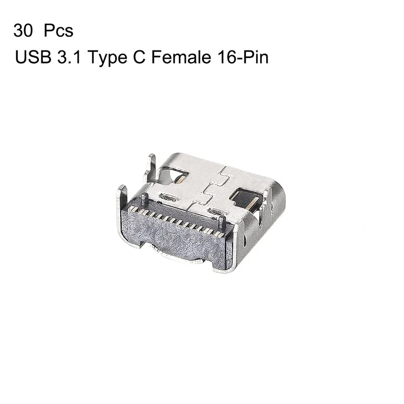 30PCS USB 3.1 Type C Female Socket Connector Jack Port, 16-Pin DIP 180 Degree, Replacement Adapter