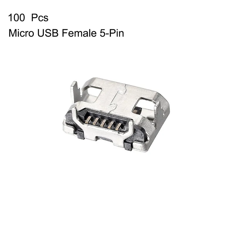 100PCS Micro USB Female Socket Connector Jack Port, 5-Pin DIP 180 Degree Replacement Adapter