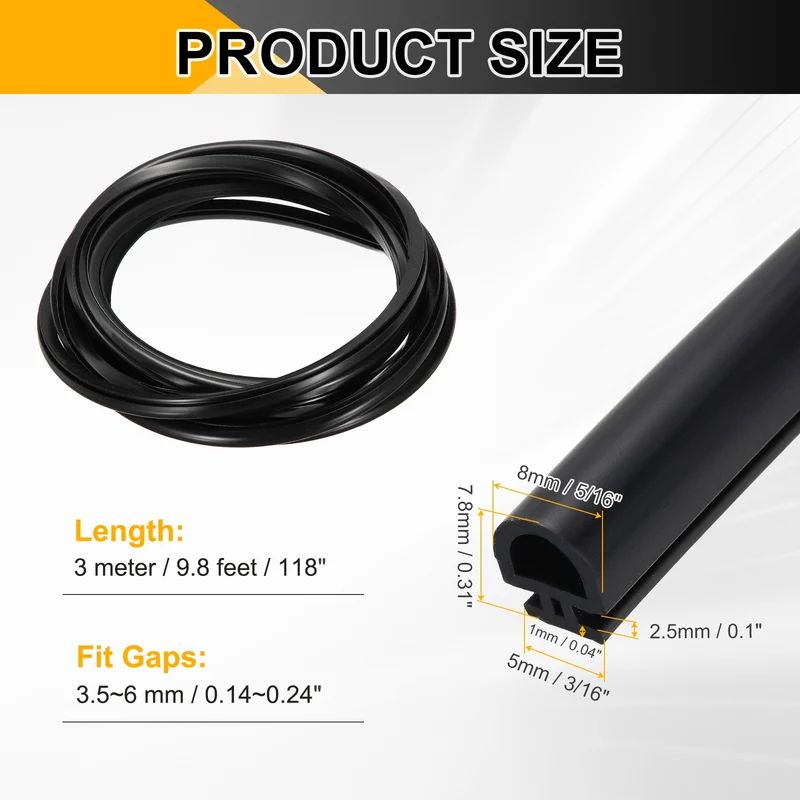 Weather Stripping Door Seal 5/16" Wide D-Shape Silicone 3/16" Slot 9.8Ft Black