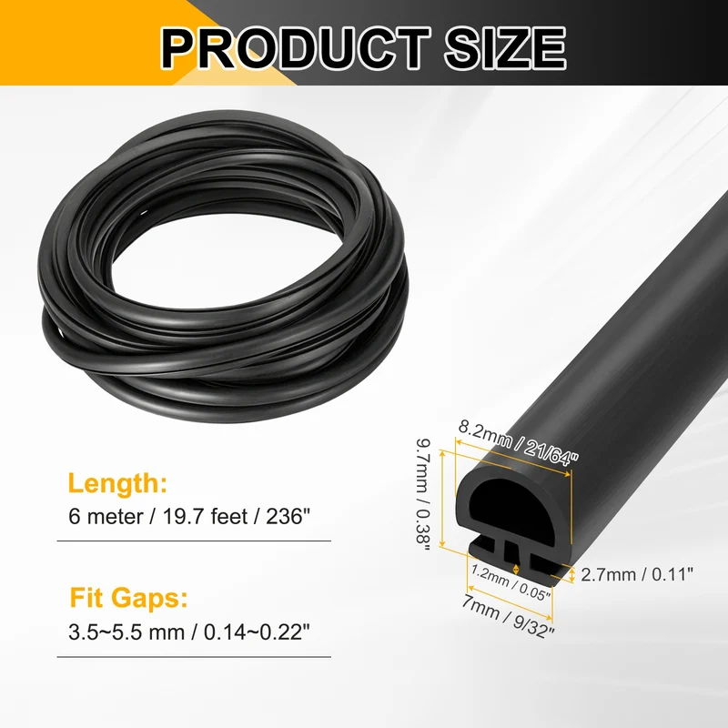 Weather Stripping Door Seal 21/64" Wide D-Shape for 9/32" Slot 19.7Ft Black