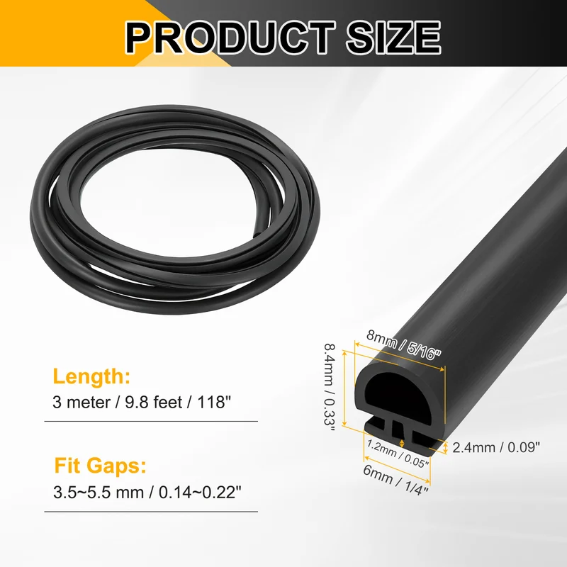 Weather Stripping Door Seal 5/16" Wide D-Shape for 1/4" Slot 9.8Ft Black