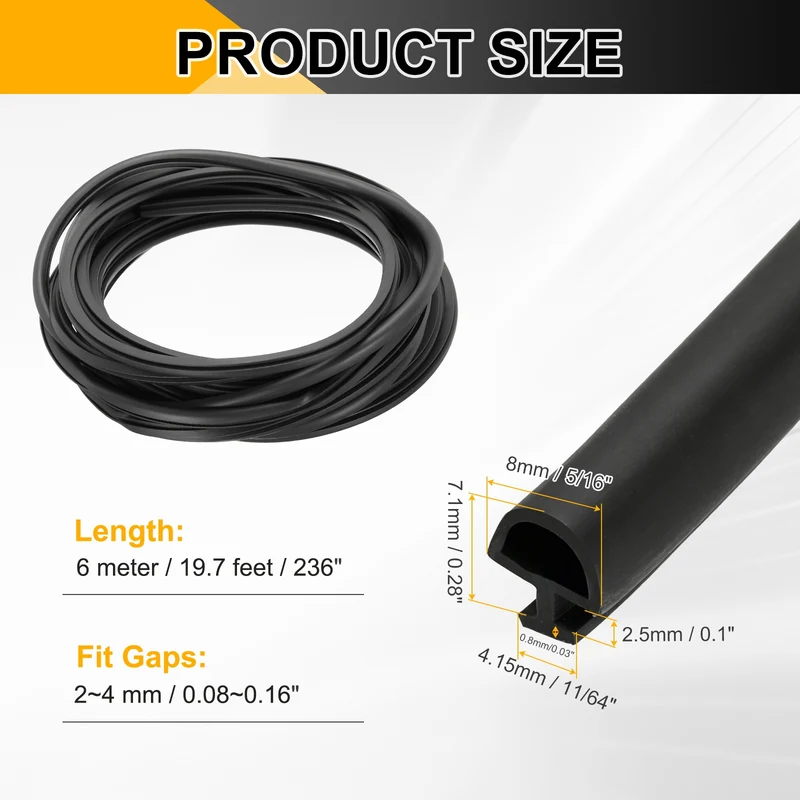 Weather Stripping Door Seal 5/16" Wide D-Shape for 11/64" Slot 19.7Ft Black