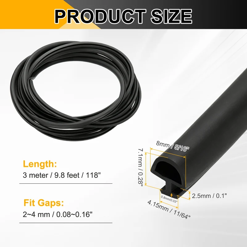 Weather Stripping Door Seal 5/16" Wide D-Shape for 11/64" Slot 9.8Ft Black