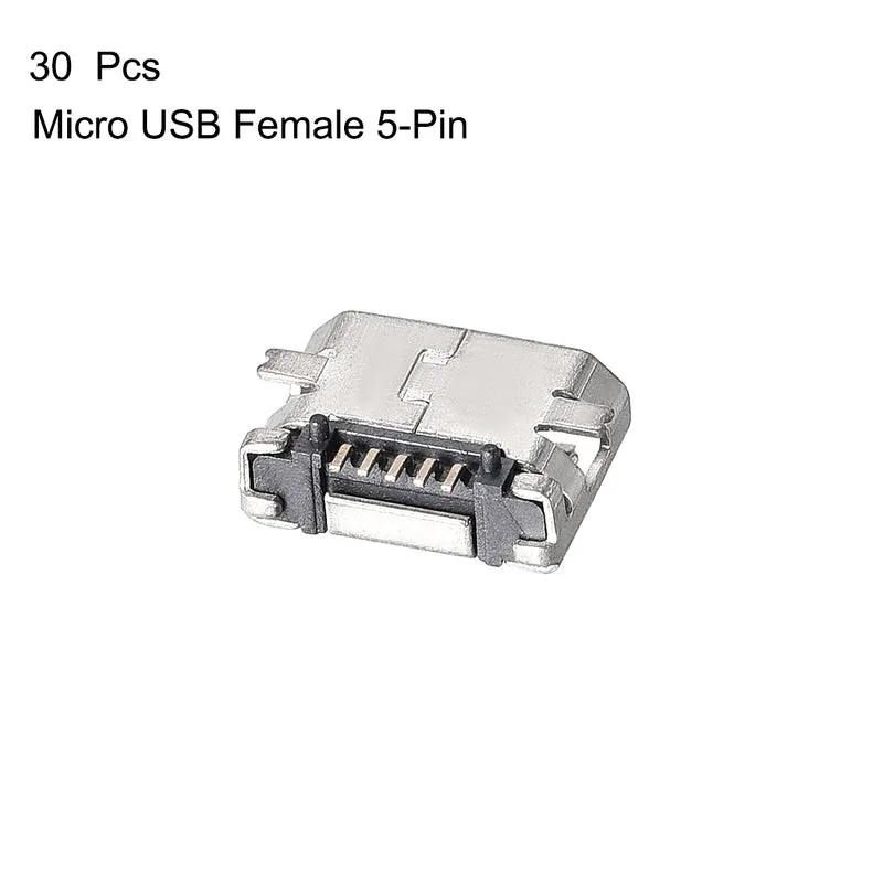 30PCS Micro USB Female Socket Connector, 5-Pin DIP 180 Degree, Repair Replacement Adapter