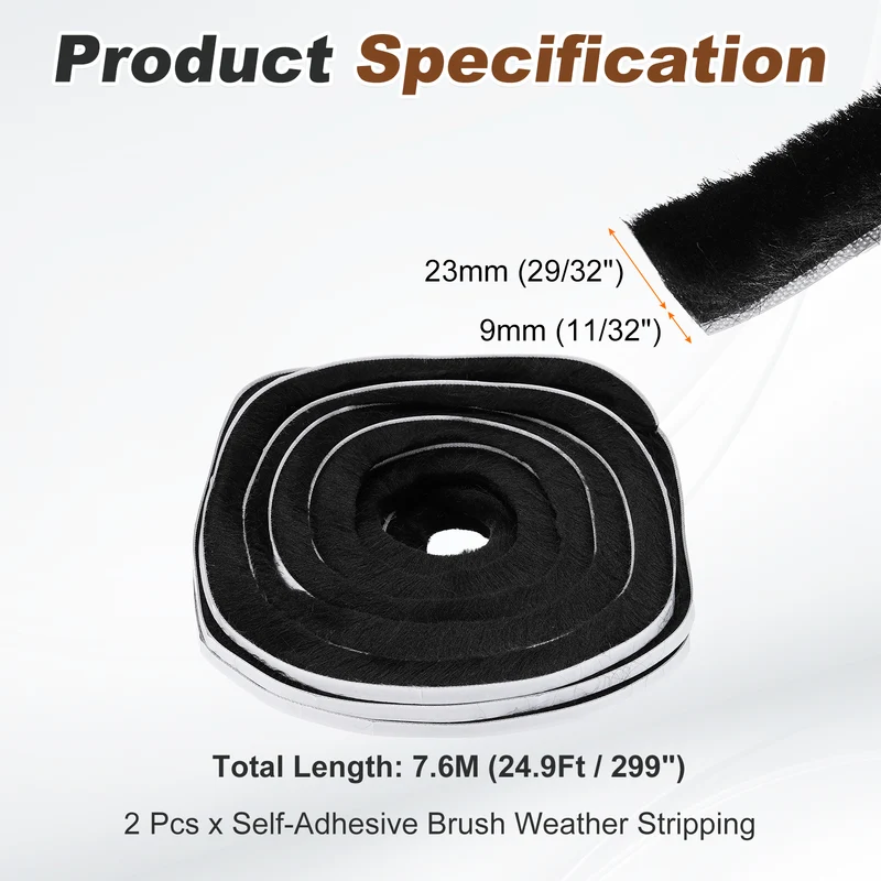 2Pcs Brush Weather Stripping 11/32"x29/32"x24.9Ft Self-Adhesive Seal Strip Black