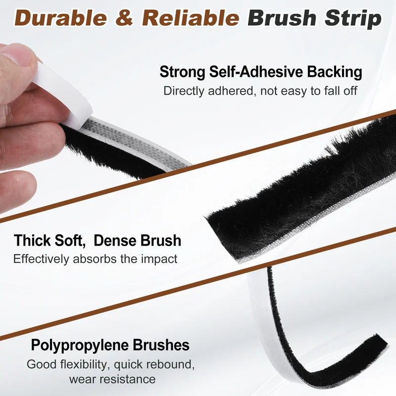 Brush Weather Stripping 11/32"x29/32"x24.9Ft Self-Adhesive Seal Strip Black