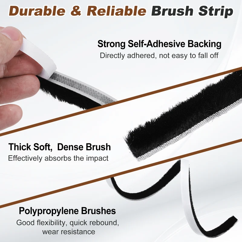2Pcs Brush Weather Stripping 11/32"x19/32"x24.9Ft Self-Adhesive Seal Strip Black