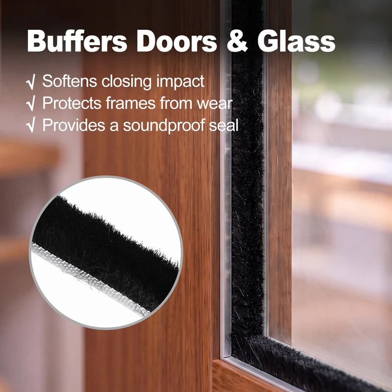 2Pcs Brush Weather Stripping 11/32"x19/32"x24.9Ft Self-Adhesive Seal Strip Black